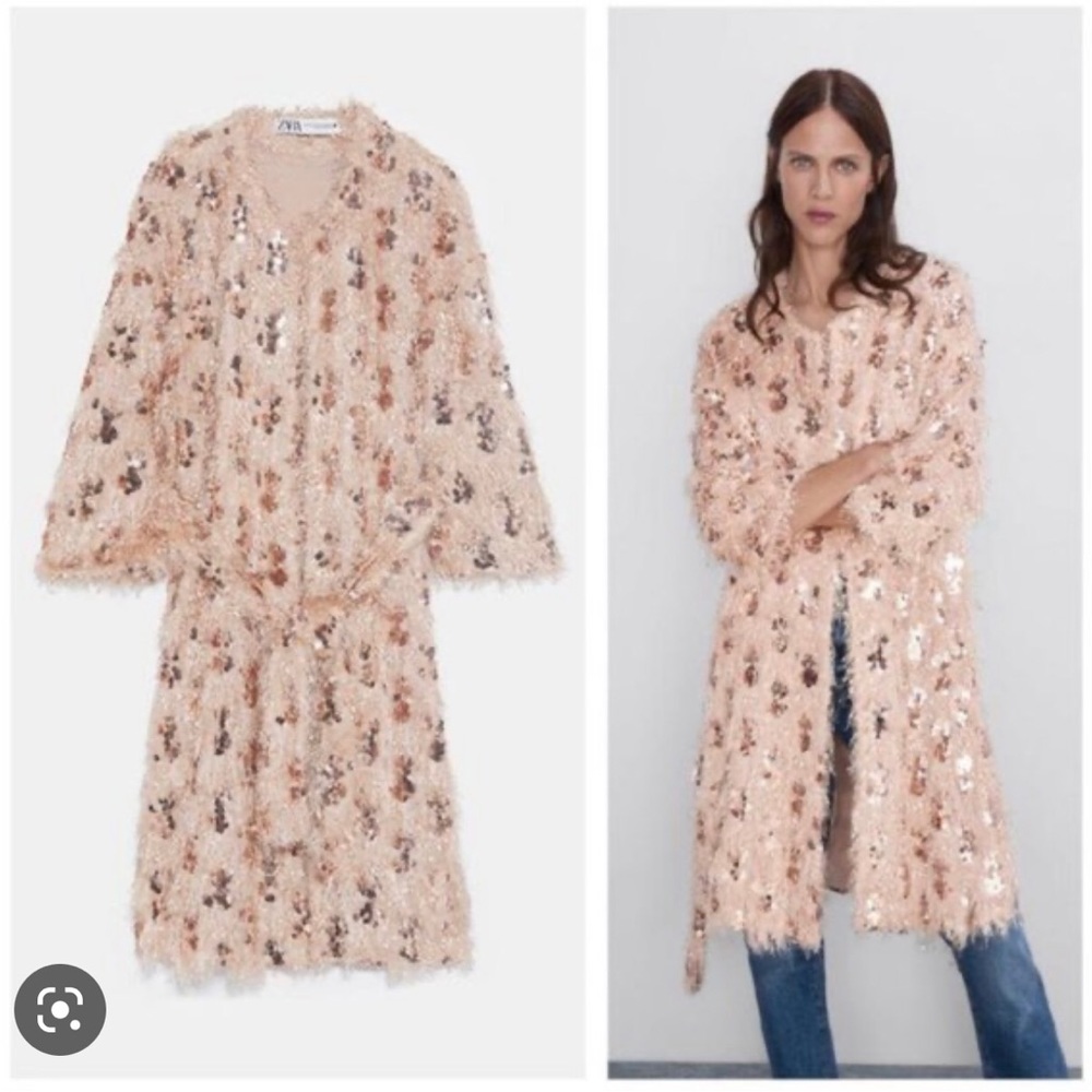 Zara Eyelash Fringe Sequin Pink Cardigan Robe Kimono with Belt XS/S